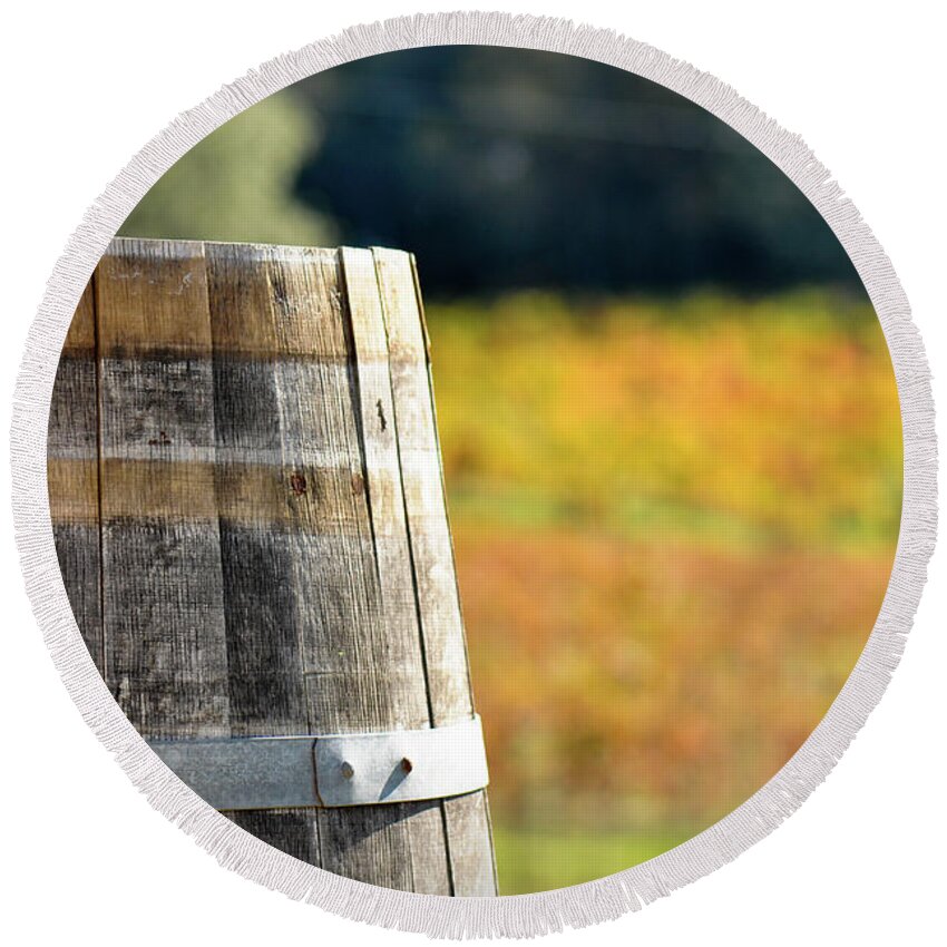 Beer Round Beach Towel featuring the photograph Wine Barrel in Autumn #4 by Brandon Bourdages