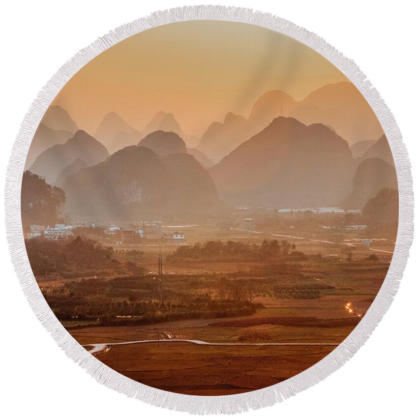 Karst Round Beach Towel featuring the photograph Karst mountains scenery in sunset #40 by Carl Ning