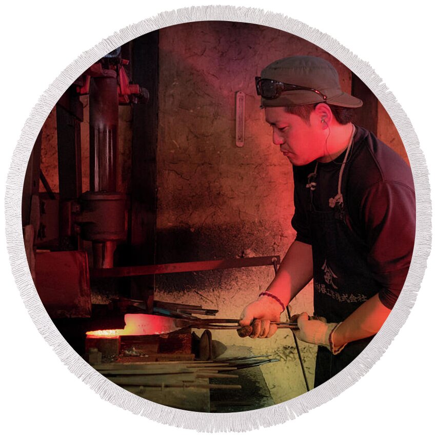 Blacksmith Round Beach Towel featuring the photograph 4th Generation Blacksmith, Miki City Japan by Perry Rodriguez
