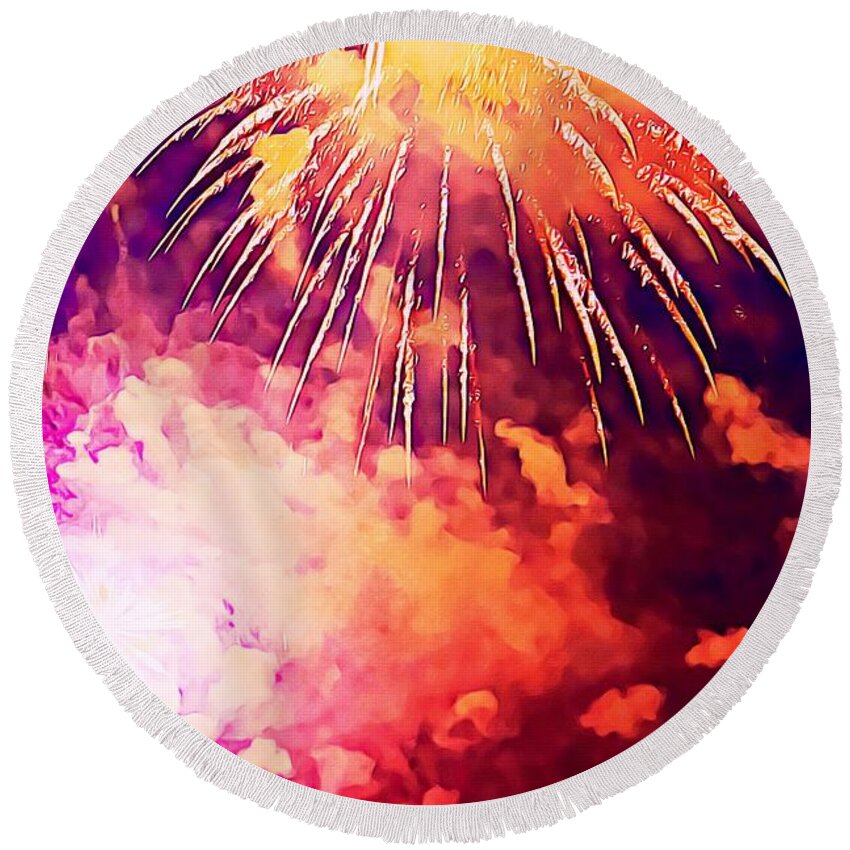 4th Of July Round Beach Towel featuring the photograph 4th Of July Fireworks by Tatiana Travelways