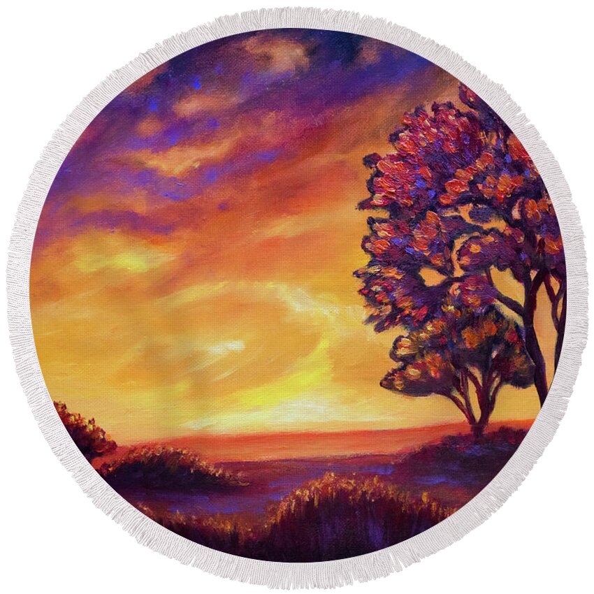 Tree Round Beach Towel featuring the painting After sunset #5 by Lilia S
