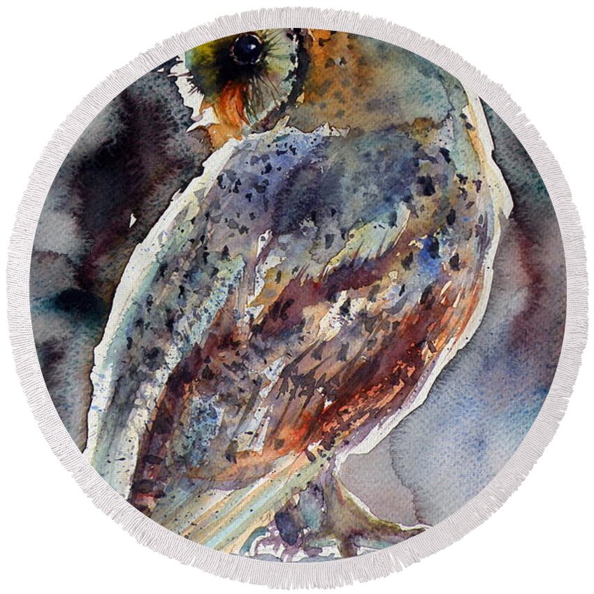 Barn Owl Round Beach Towel featuring the painting Barn owl #4 by Kovacs Anna Brigitta