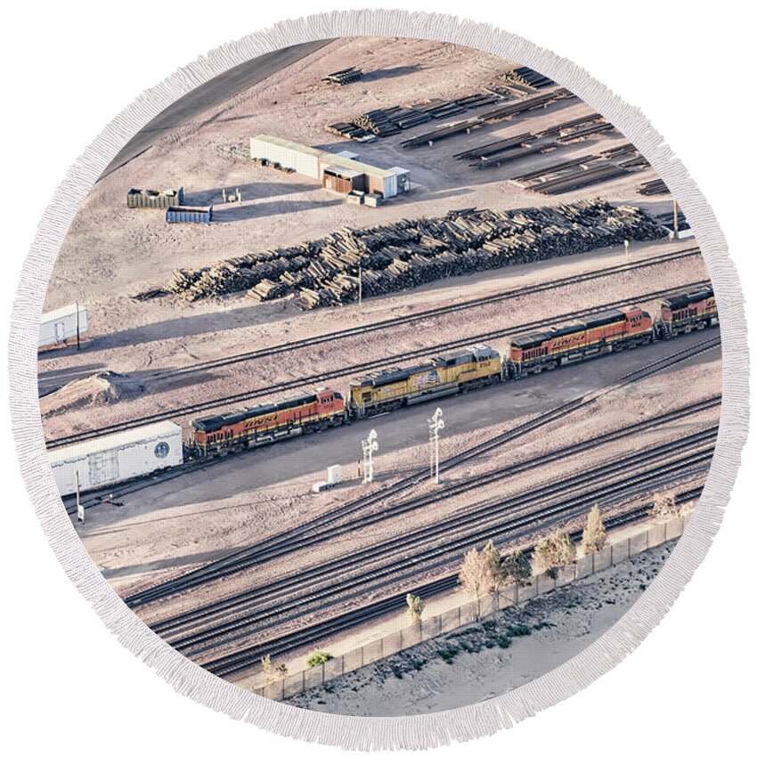 Aerial Shots Round Beach Towel featuring the photograph Barstow Rail Yard 6 by Jim Thompson