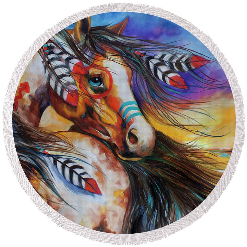 Indian Round Beach Towel featuring the painting 5 Feathers Indian War Horse by Marcia Baldwin