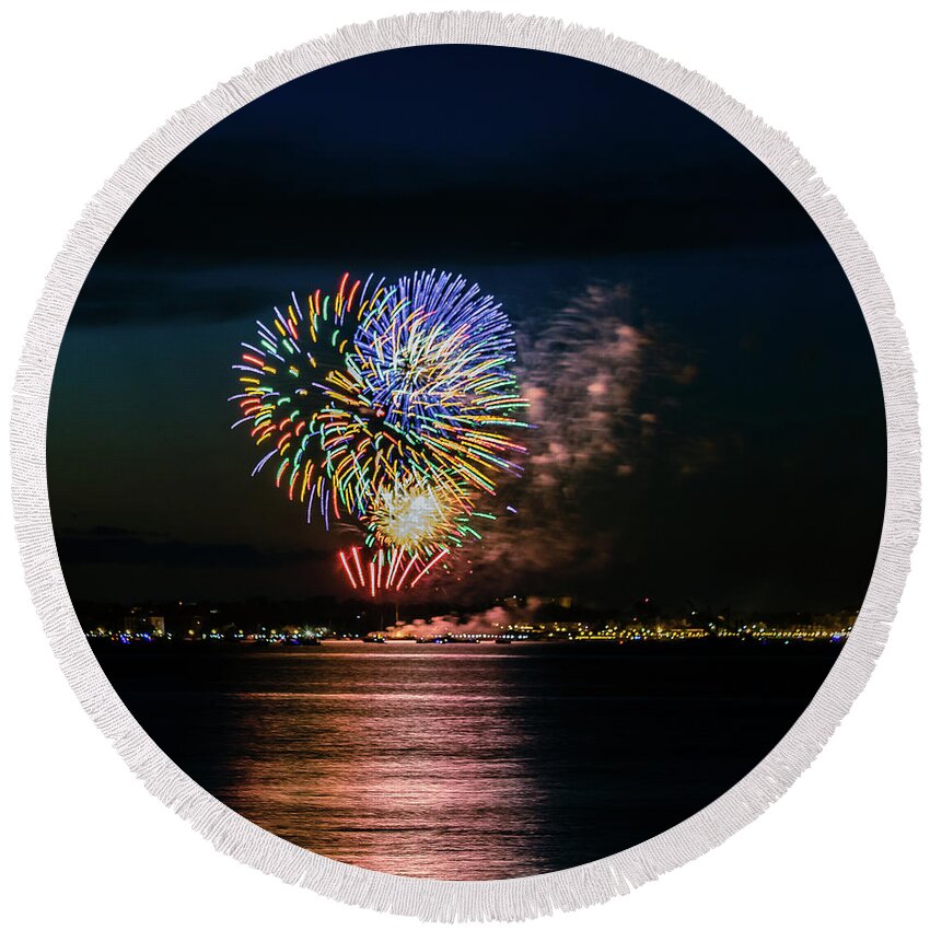 Anniversary Round Beach Towel featuring the photograph Fireworks #5 by SAURAVphoto Online Store