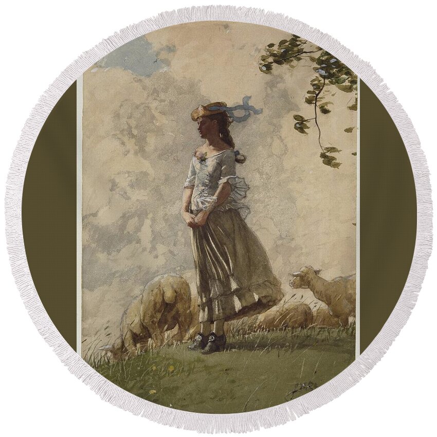 Winslow Homer (american Round Beach Towel featuring the painting Fresh Air by Winslow Homer