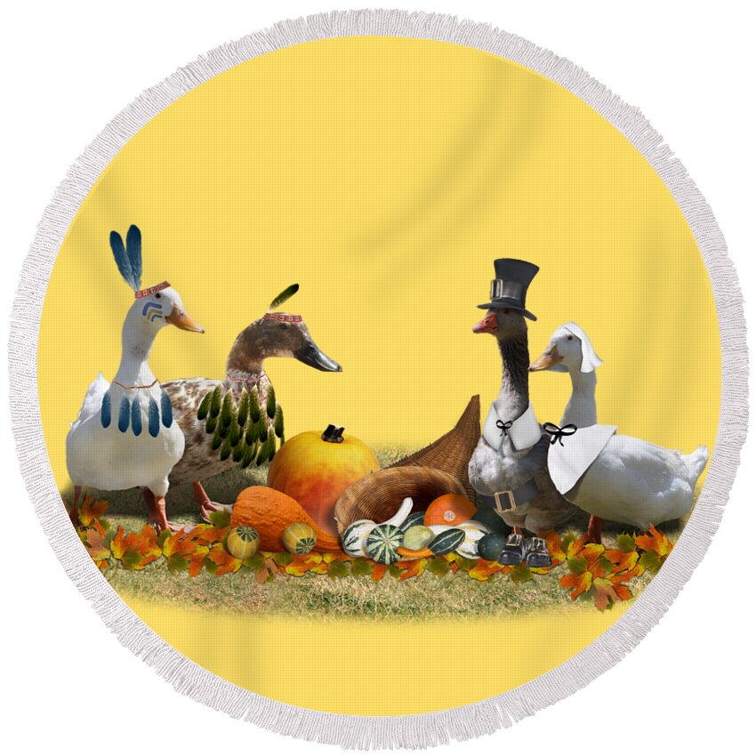 Thanksgiving Round Beach Towel featuring the mixed media Thanksgiving Ducks #6 by Gravityx9 Designs