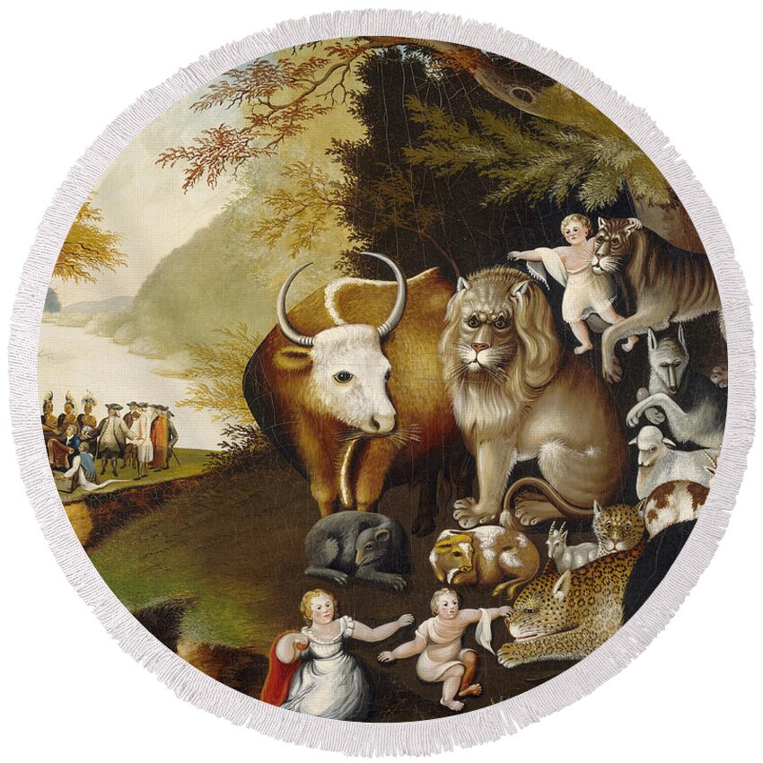 Edward Hicks Round Beach Towel featuring the painting The Peaceable Kingdom #5 by Celestial Images