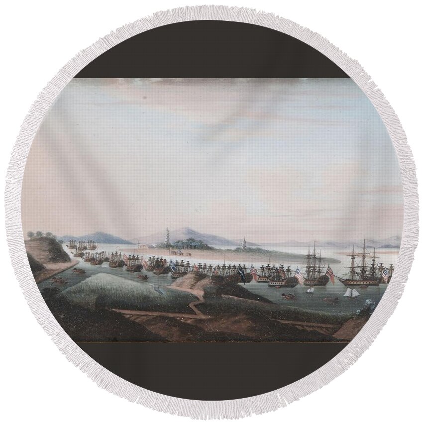 Anglo-chinese School (19th Century) View Of The Thirteen Factories Round Beach Towel featuring the painting View of The Thirteen Factories #5 by MotionAge Designs