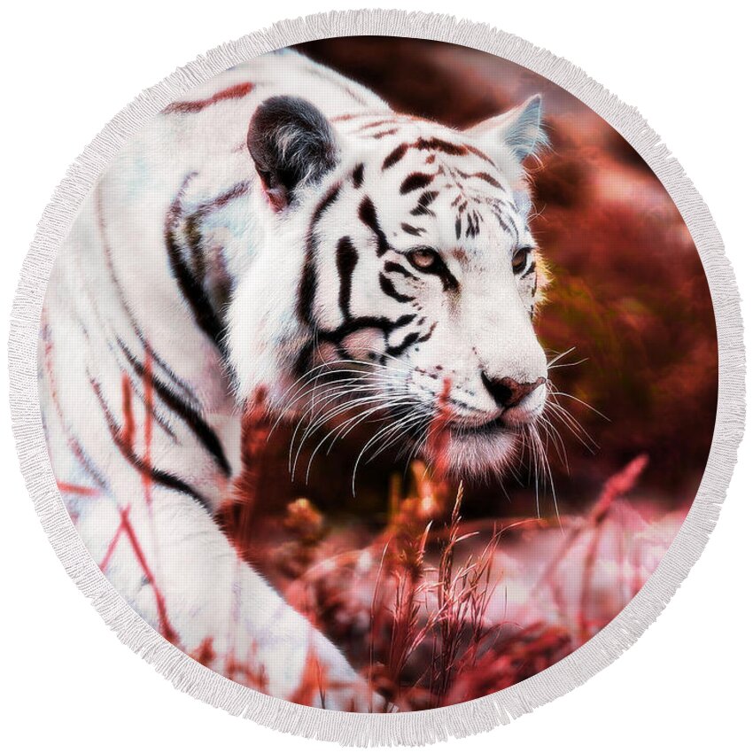 White Tiger Round Beach Towel featuring the digital art White Tiger #5 by Super Lovely