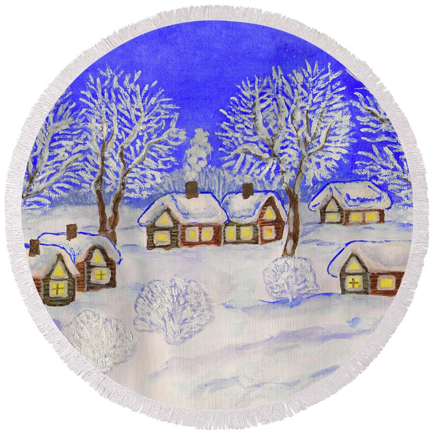 Art Round Beach Towel featuring the painting Winter landscape, painting #5 by Irina Afonskaya