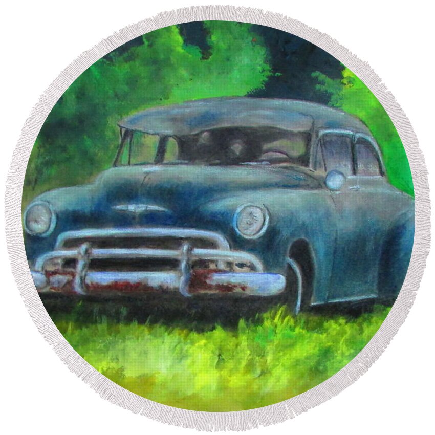  Round Beach Towel featuring the painting 50 Chevy by Bobby Walters