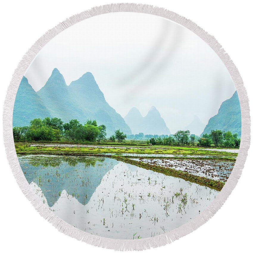 The Beautiful Karst Rural Scenery In Spring Round Beach Towel featuring the photograph Karst rural scenery in spring #53 by Carl Ning