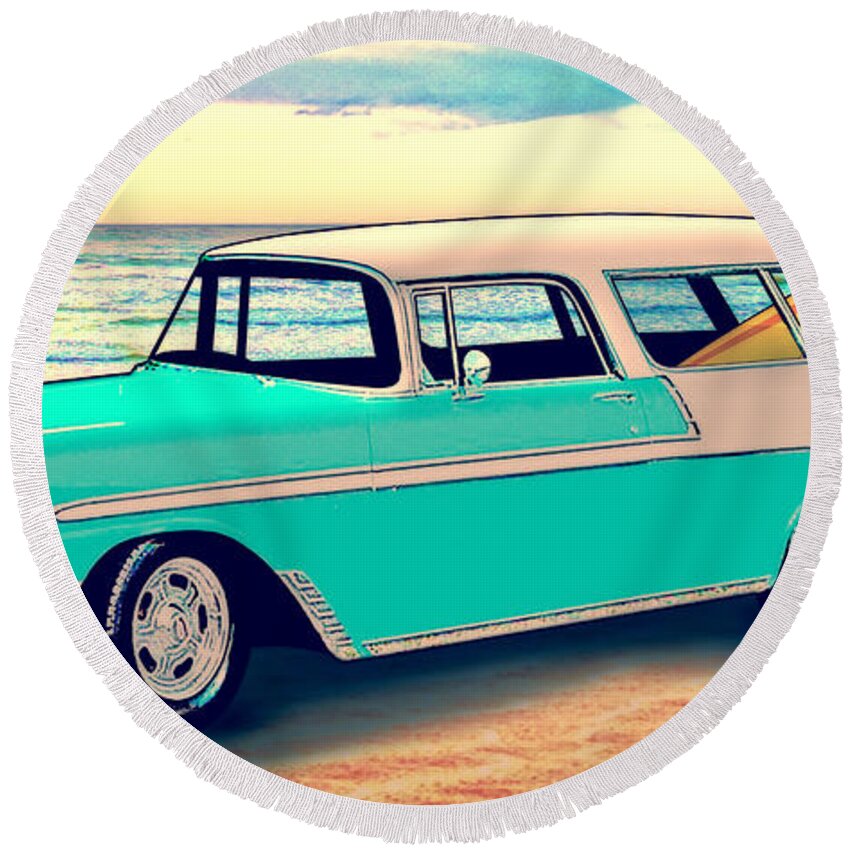 Chevy Round Beach Towel featuring the photograph 56 Chevy Nomad by the Sea in the Morning with VivaChas by Chas Sinklier