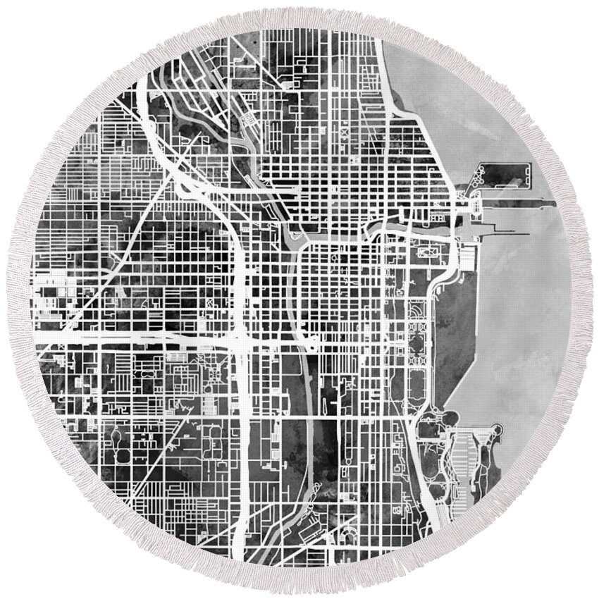 Chicago Round Beach Towel featuring the digital art Chicago City Street Map #6 by Michael Tompsett