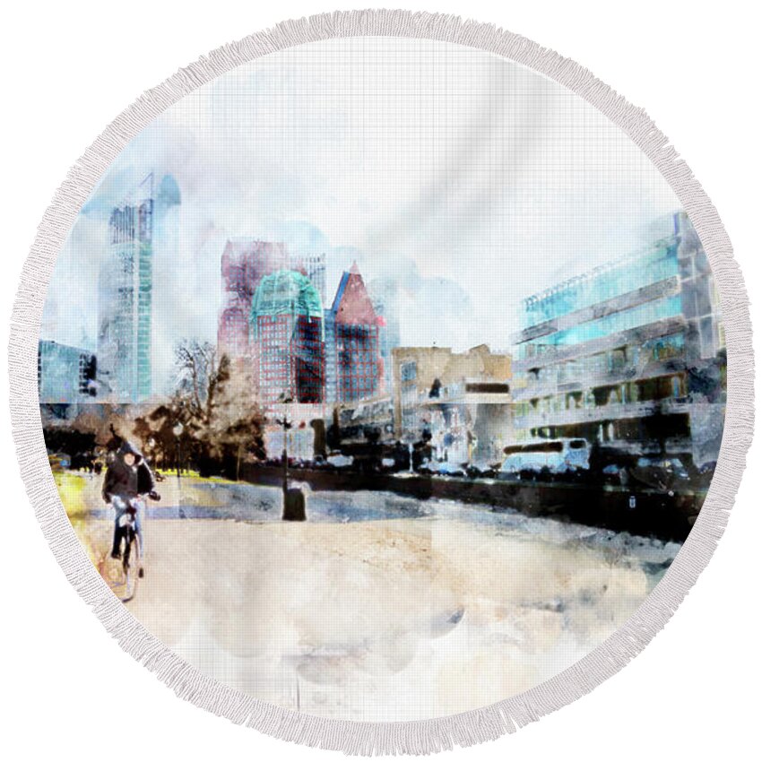 The Hague Round Beach Towel featuring the digital art City Life In Watercolor Style #6 by Ariadna De Raadt
