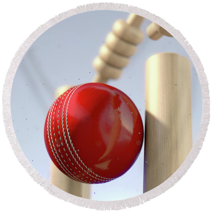 Action Round Beach Towel featuring the digital art Cricket Ball Hitting Wickets #6 by Allan Swart