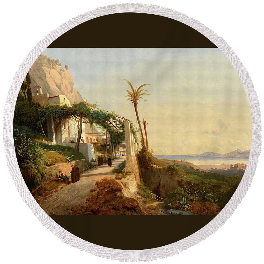 Auguste Lapito (1803-1874) Paysage De La Côte Amalfitaine Avec Des Moines Toile Rentoilée Round Beach Towel featuring the painting Paysage by MotionAge Designs