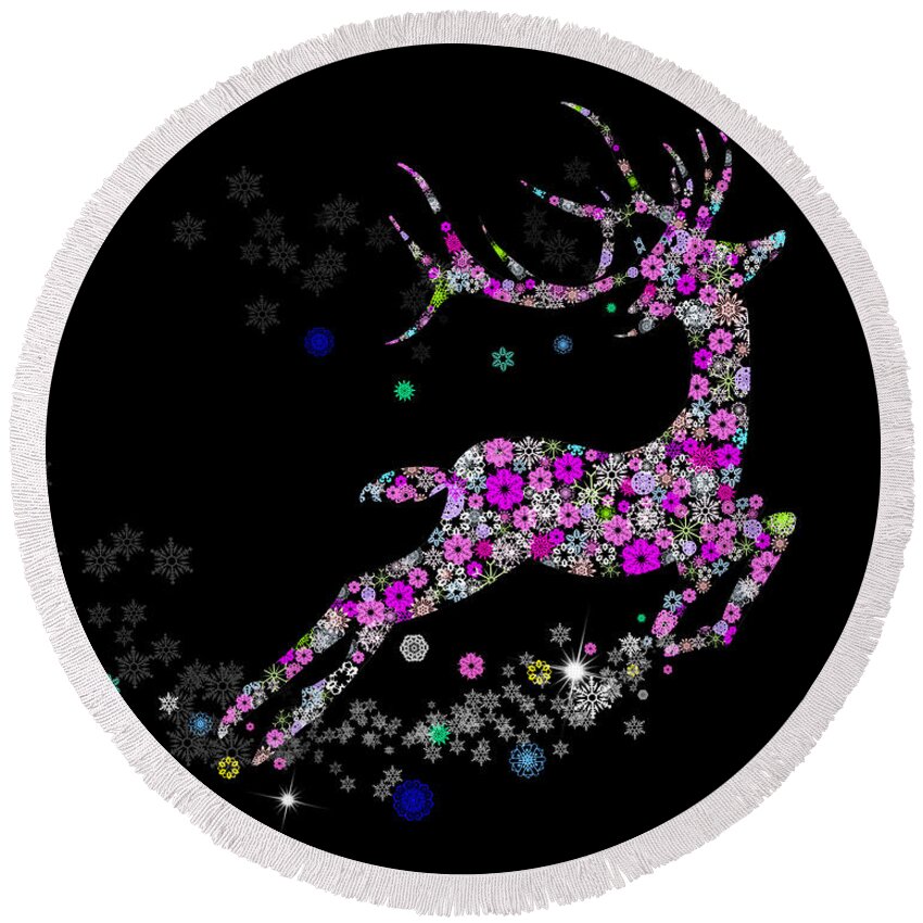 Animal Round Beach Towel featuring the painting Reindeer design by snowflakes #6 by Setsiri Silapasuwanchai
