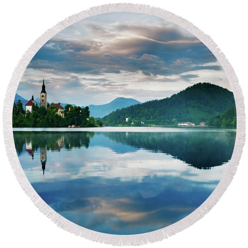 Bled Round Beach Towel featuring the photograph Sunset over Lake Bled #6 by Ian Middleton