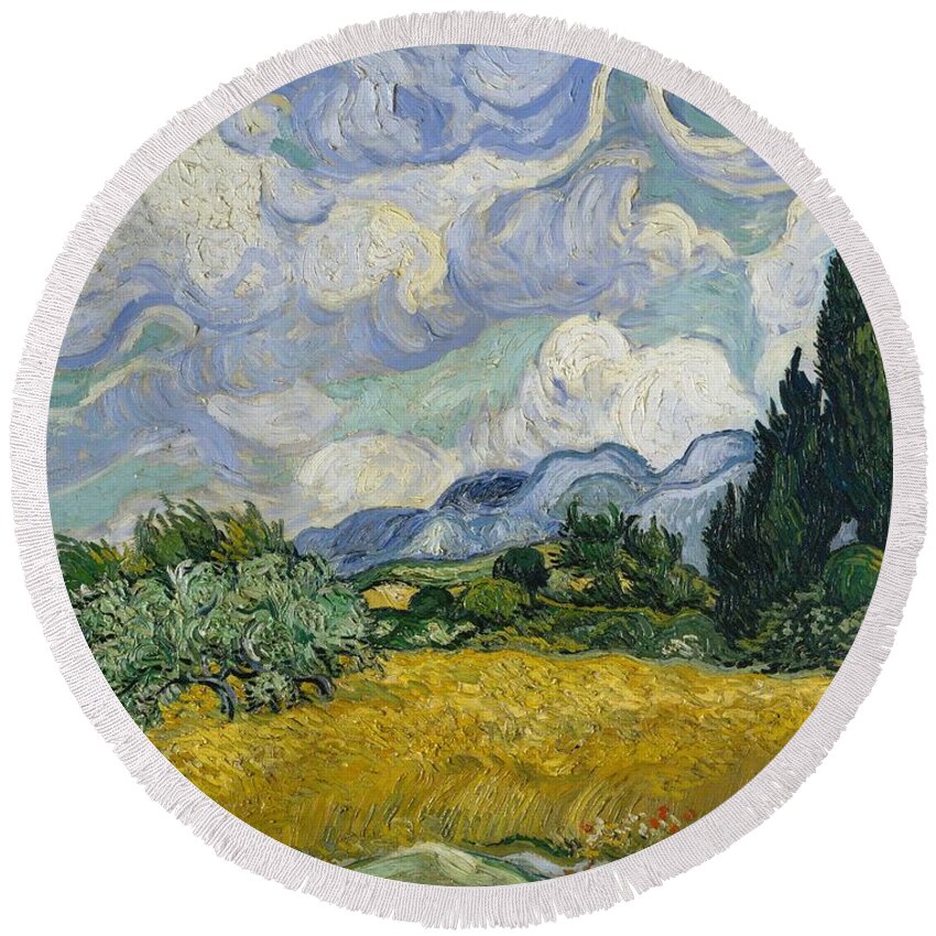Vincent Van Gogh Round Beach Towel featuring the painting Wheat Field With Cypresses #6 by Vincent Van Gogh