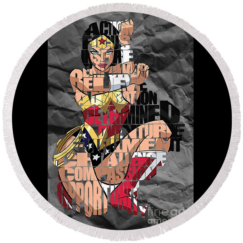 Wonder Woman Round Beach Towel featuring the mixed media Wonder Woman Inspirational Power and Strength Through Words #2 by Marvin Blaine