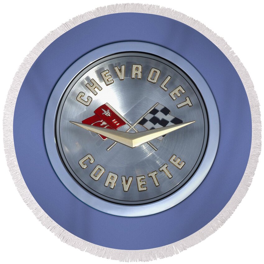 Chevrolet Corvette Round Beach Towel featuring the photograph 60 Chevy Corvette Emblem by Mike McGlothlen