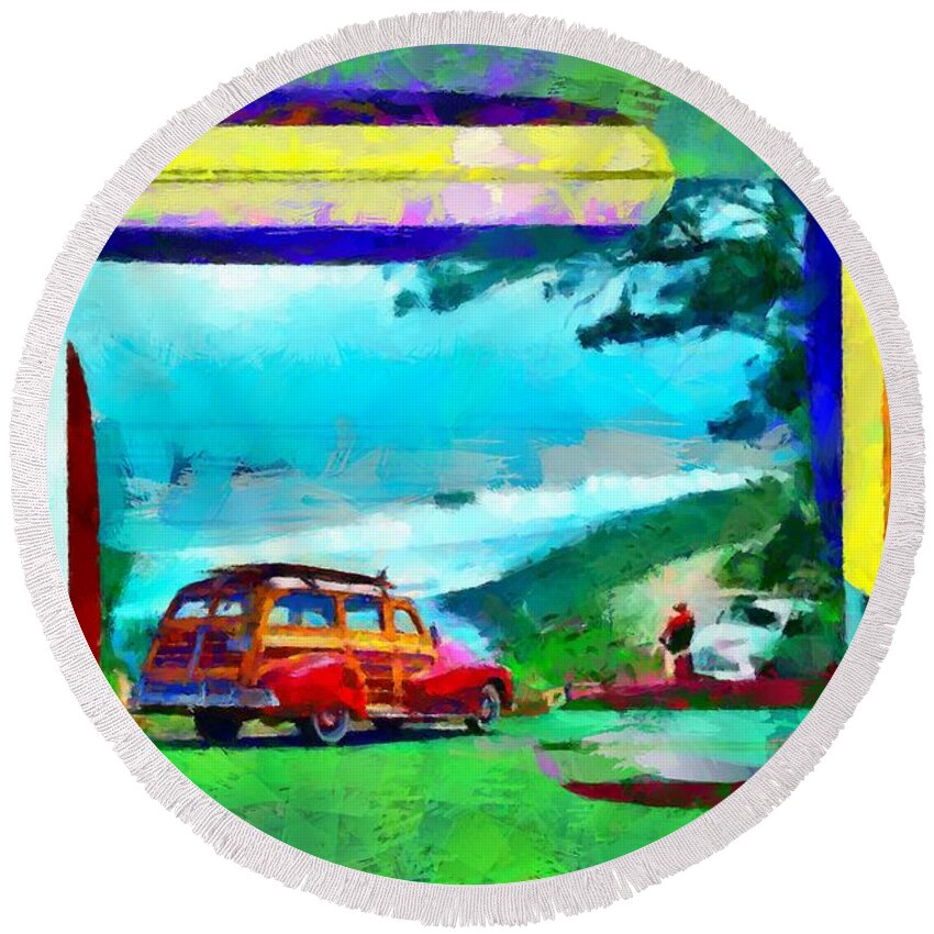 60's Round Beach Towel featuring the digital art 60's Surfing by Caito Junqueira