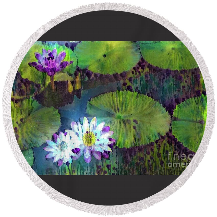 Aquatic Plant Round Beach Towel featuring the digital art Jeweled Water Lilies #66 by Amy Cicconi