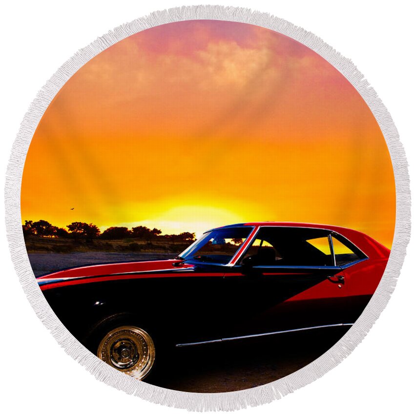 67 Round Beach Towel featuring the photograph 69 Camaro Up At Rocky Ridge For Sunset by Chas Sinklier