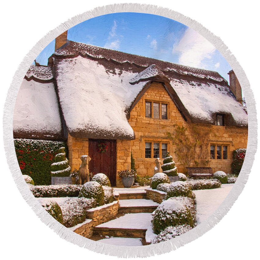 Cottage England Oil Art Artwork House Cottages Old English British Scenic Landscape Nobody Outdoors Snow Winter Winters Scene Round Beach Towel featuring the photograph Cottage #7 by Andrew Michael