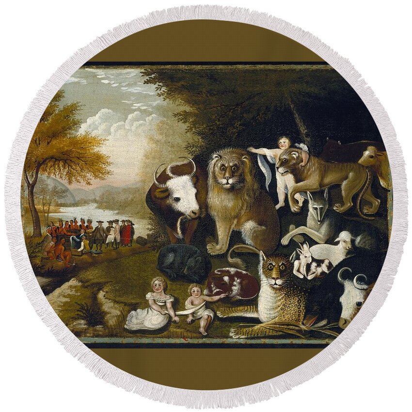 Edward Hicks (american Round Beach Towel featuring the painting The Peaceable Kingdom #7 by MotionAge Designs