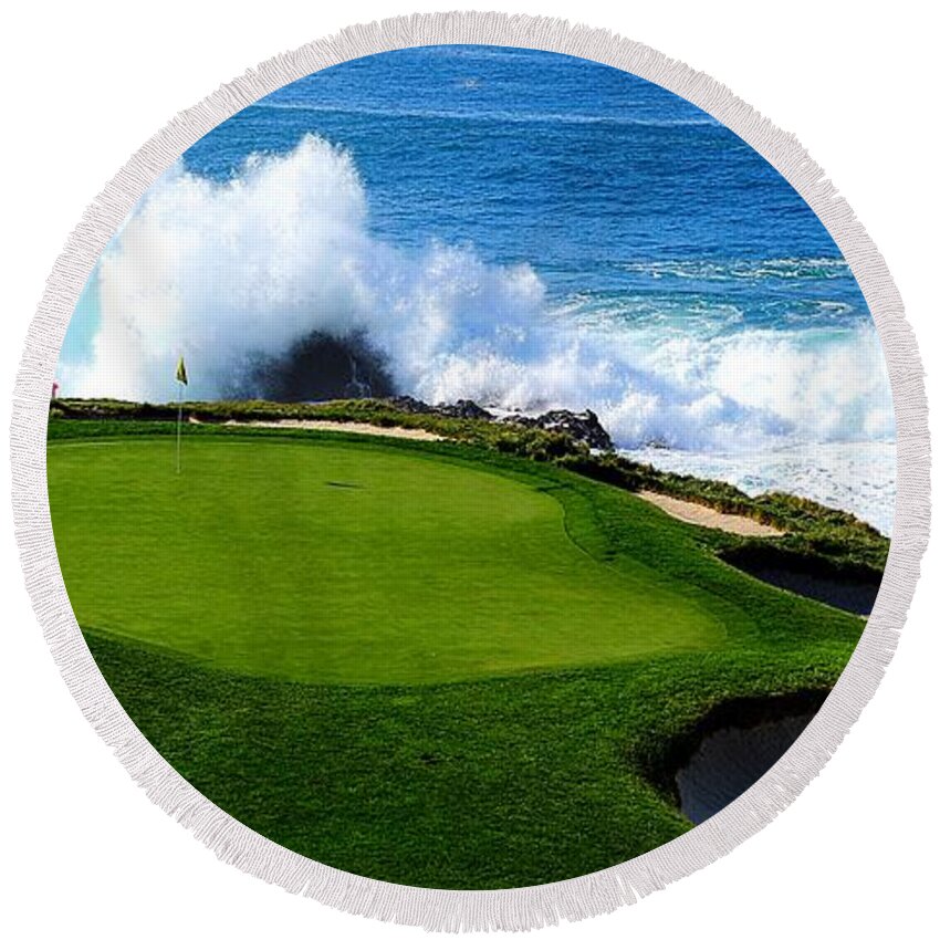 Golf Round Beach Towel featuring the photograph 7th Hole - Pebble Beach by Michael Graham