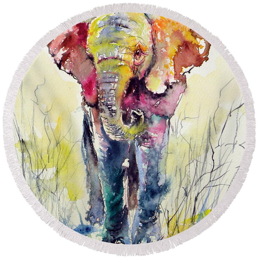 Elephant Round Beach Towel featuring the painting Elephant #8 by Kovacs Anna Brigitta
