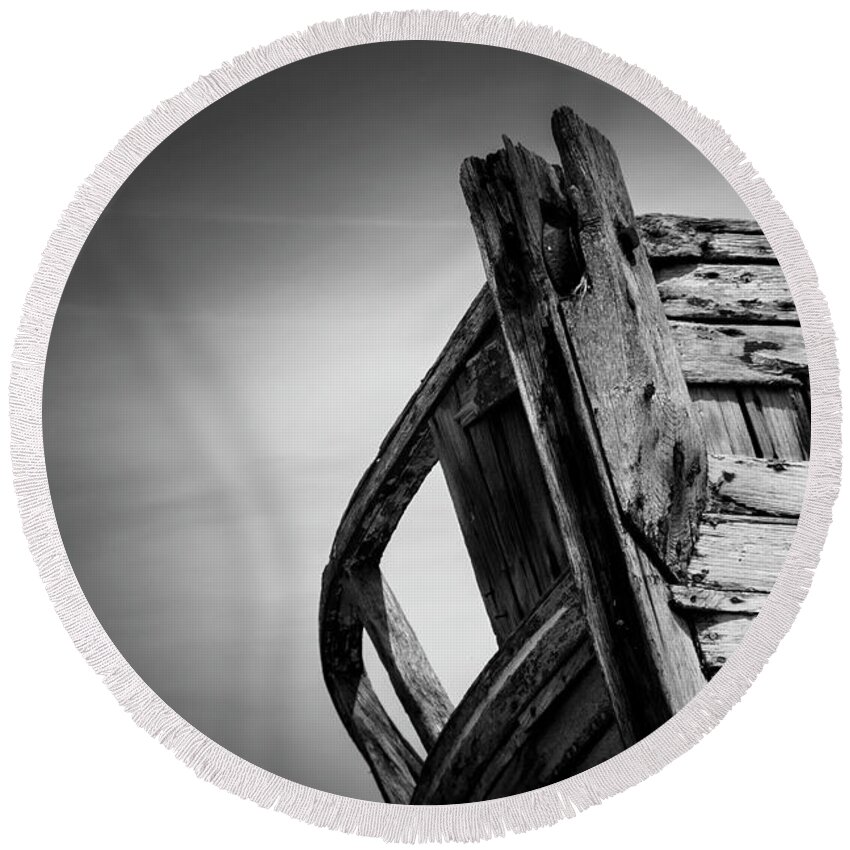 Dungeness Round Beach Towel featuring the photograph Old Abandoned Boat Landscape BW by Rick Deacon