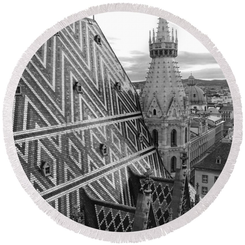 Architecture Round Beach Towel featuring the photograph St Stephens Cathedral Vienna in Black and White #1 by Angela Rath