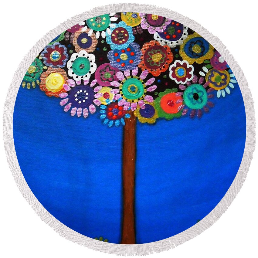 Tree Of Life Round Beach Towel featuring the painting Tree Of Life #82 by Pristine Cartera Turkus