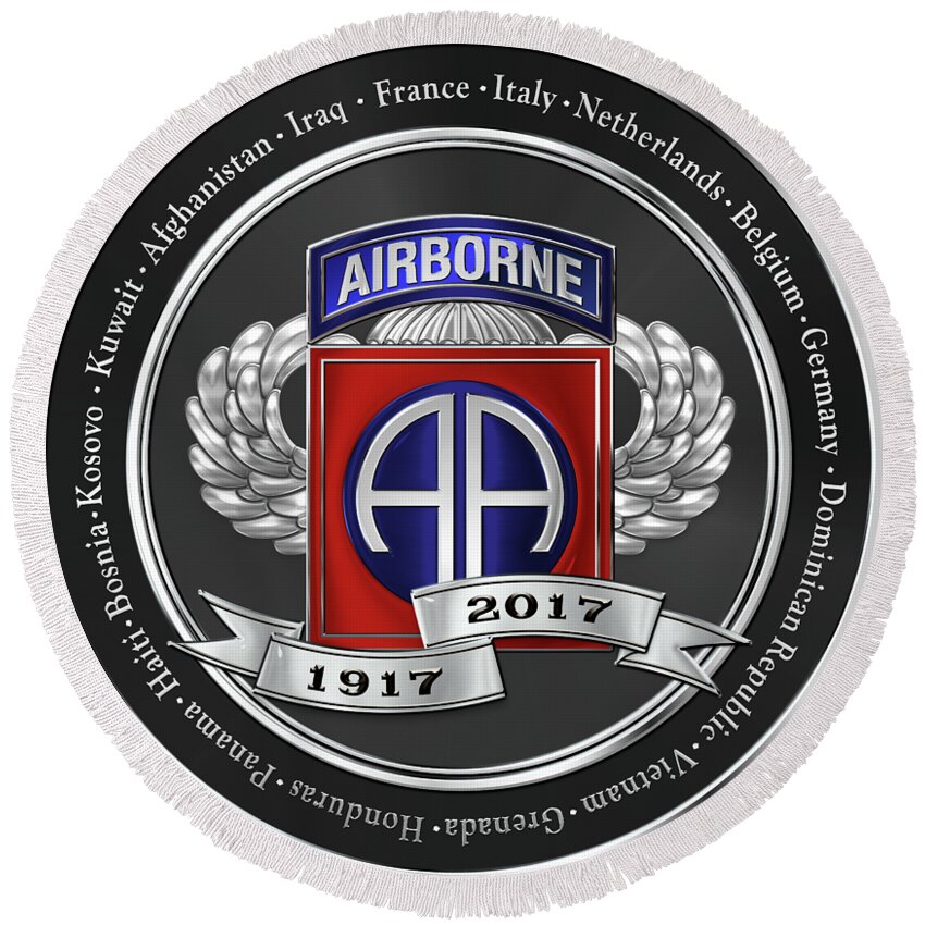 'military Insignia & Heraldry' Collection By Serge Averbukh Round Beach Towel featuring the digital art 82nd Airborne Division 100th Anniversary Medallion over Blue Velvet by Serge Averbukh