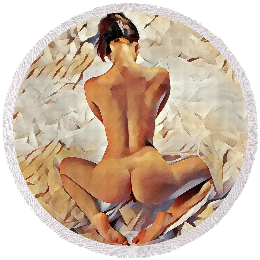 Watercolor Round Beach Towel featuring the digital art 8797s-MAK Watercolor of Nude on Fabric Long Neck Broad Shoulders Slim Waist by Chris Maher