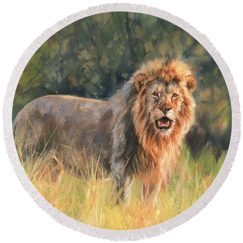 Lion Round Beach Towel featuring the painting Lion #9 by David Stribbling