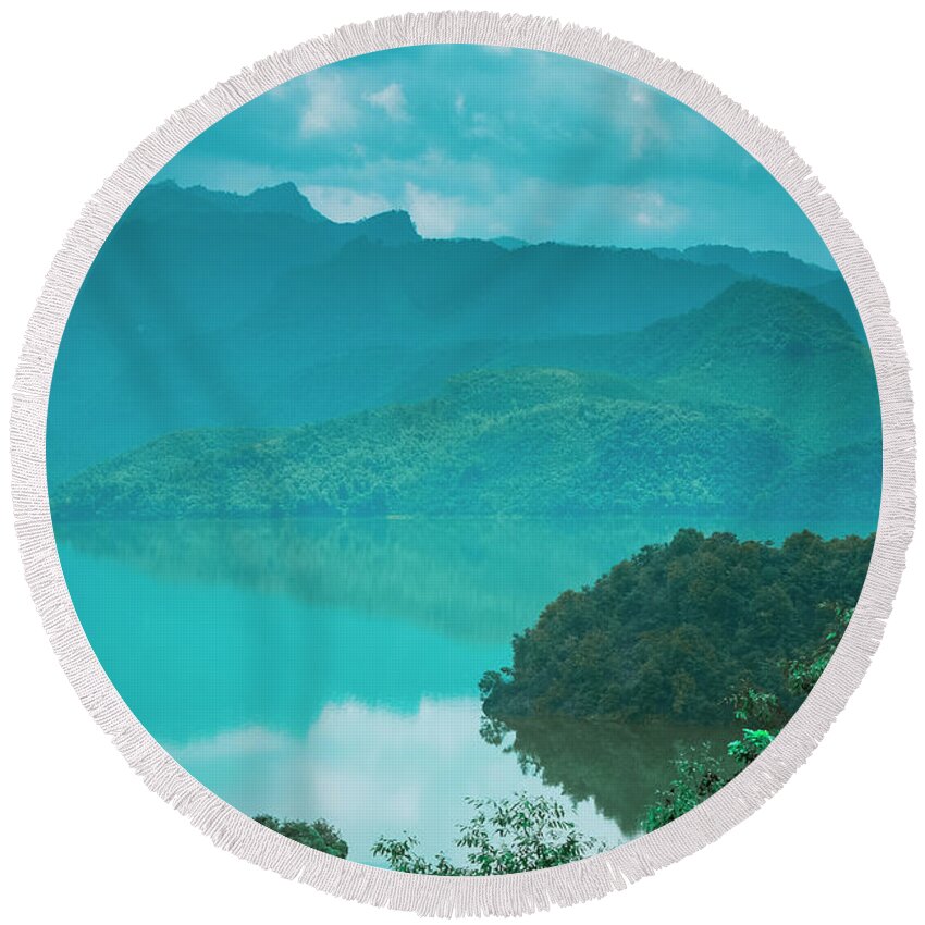Water Round Beach Towel featuring the photograph Reservoir scenery #9 by Carl Ning