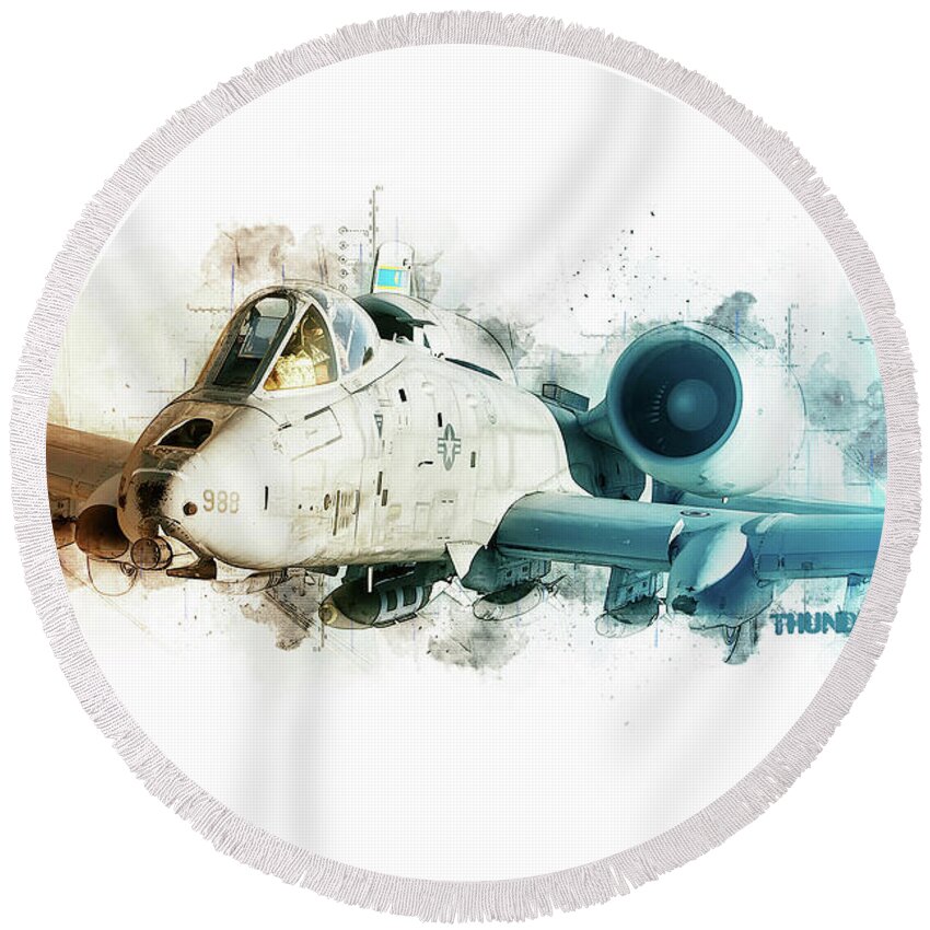 A-10 Round Beach Towel featuring the digital art A-10 Thunderbolt Tech by Airpower Art