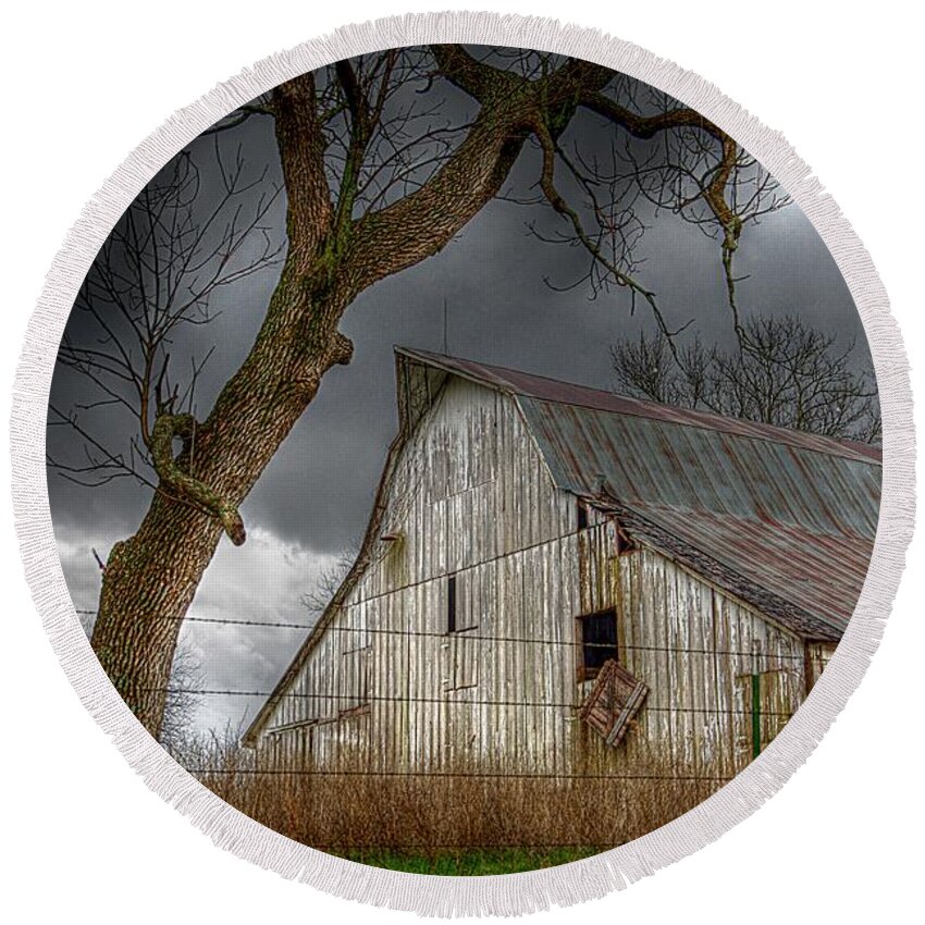 Spring Storm Round Beach Towel featuring the photograph A Barn in the Storm 2 by Karen McKenzie McAdoo