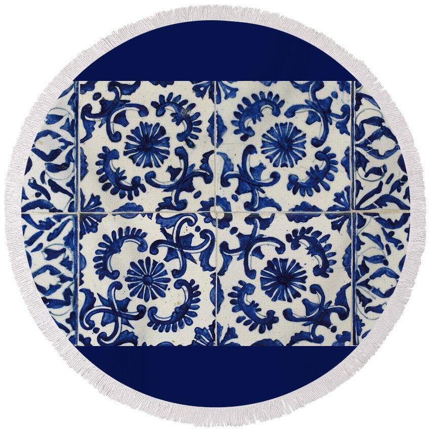 A Blue And White Pottery Panel Round Beach Towel featuring the painting A Blue And White Pottery Panel by Eastern Accents