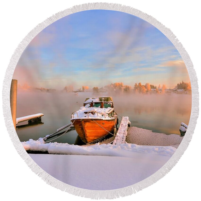 Landscape Round Beach Towel featuring the photograph Boat on frozen lake by Rose-Maries Pictures