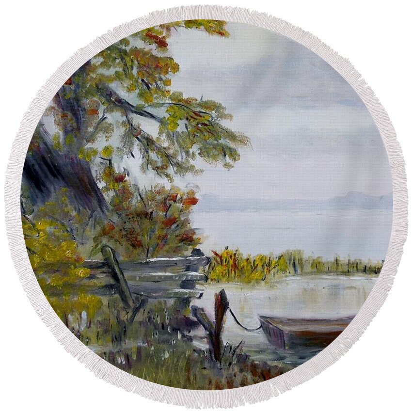Boat Round Beach Towel featuring the painting A boat waiting by Marilyn McNish