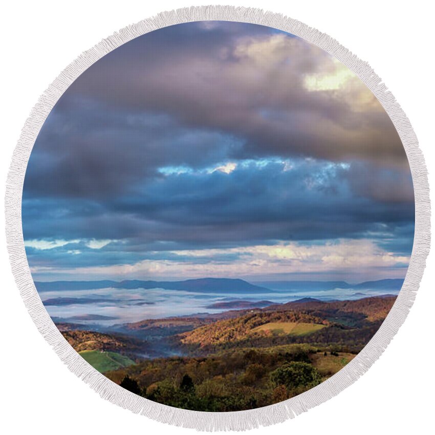 Landscape Round Beach Towel featuring the photograph A Break in the Clouds by Joe Shrader