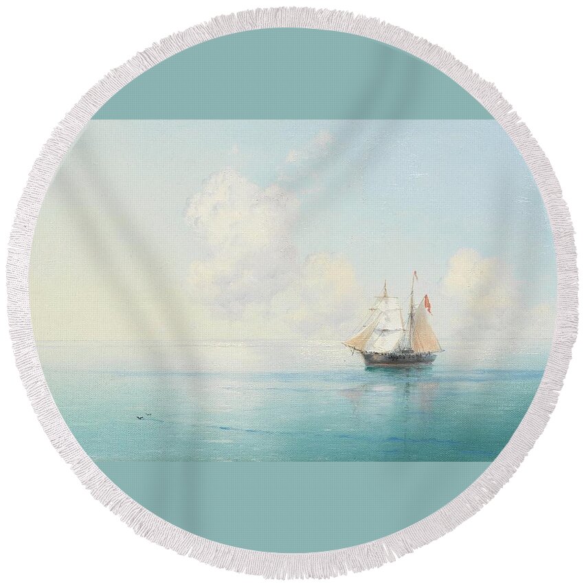 Ivan Konstantinovich Aivazovsky (russian Round Beach Towel featuring the painting A Calm Morning at Sea by MotionAge Designs