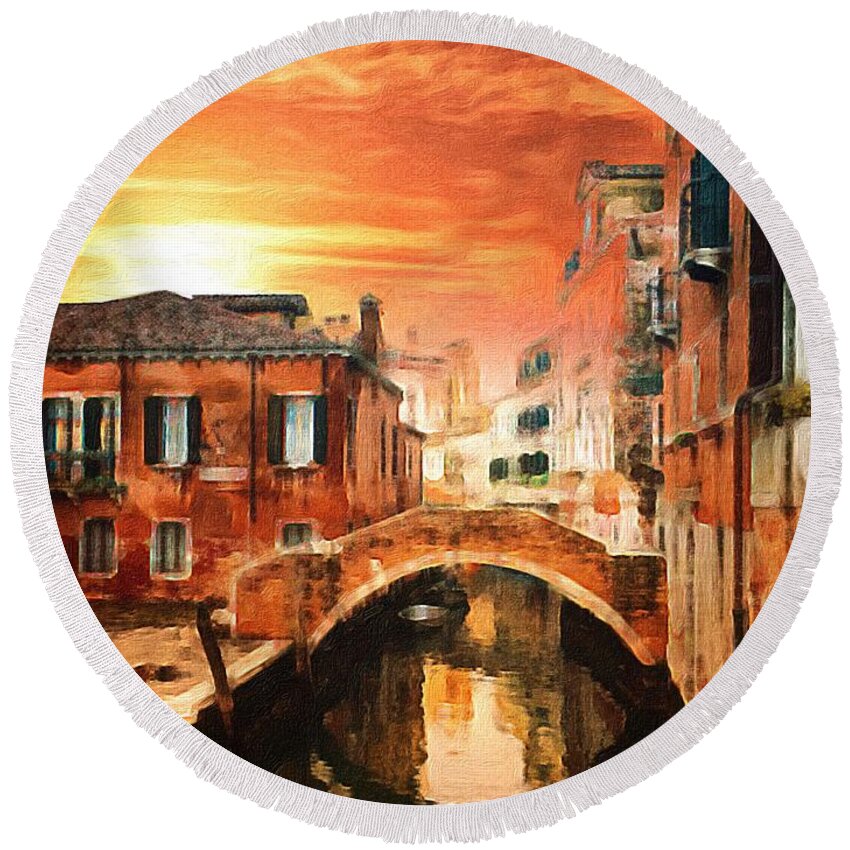Canal Round Beach Towel featuring the painting A canal in Venice at sunset by Amy Cicconi