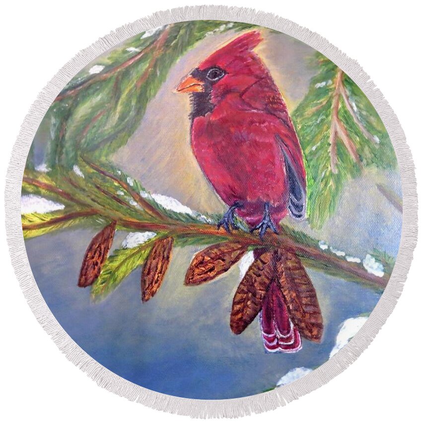 Nature Scene Inspirational Message Melted Snow Pine Tree Branches Hunter Green Brown Earth Tones Male Cardinal Red Blue Sky Background Dappled Golden Sunlight White Melting Snow Round Beach Towel featuring the painting A Cardinal's Sweet and Savory Song of Winter Thawing Painting by Kimberlee Baxter
